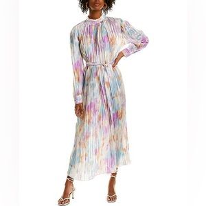 Belulah Pleated Long Sleeve Tie Waist Pastel Midi Dress OS